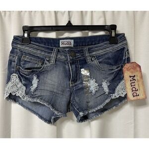 New Mudd Low Rise Women Jr Short Shorts Sz 3 Lace Denim Blue Jeans Distressed 3